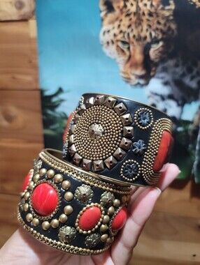 2 Vintage Red Carbochon and Gold Embellished Cuff Bracelets